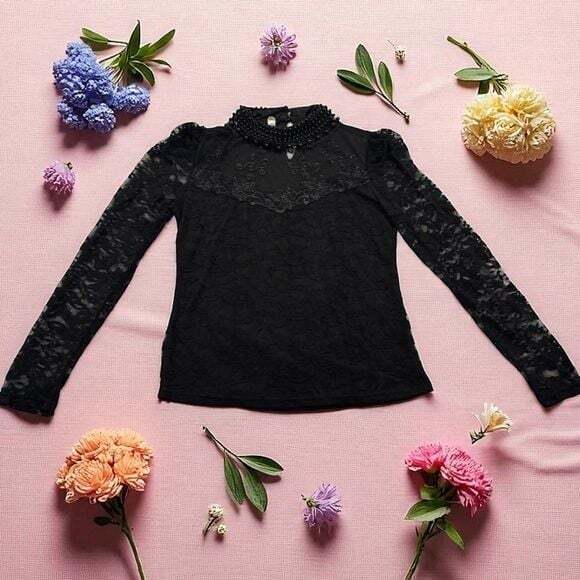 design by korea Tops - Elegant Black Lace Long Sleeve Blouse
